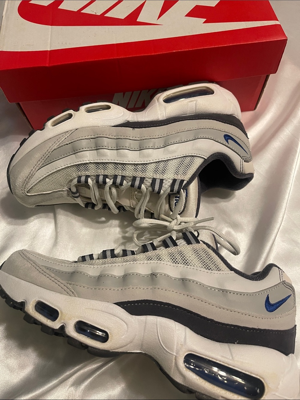 Nike White, Light Gray and Navy Air Max 95 Sneakers